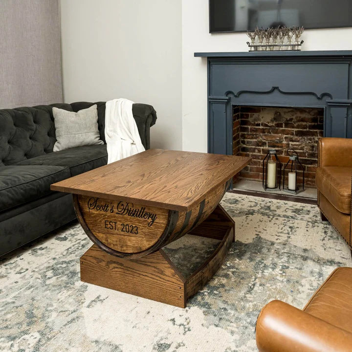 Whiskey Barrel Coffee Table with Lift Top – Rustic Rectangular Oak Table with Hidden Storage | Handcrafted Bourbon Barrels 30"x38"