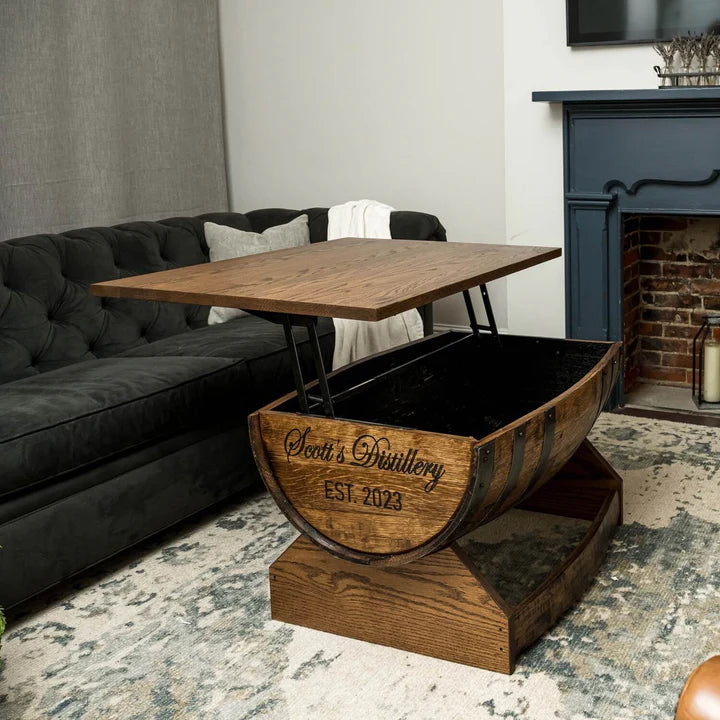 Whiskey Barrel Coffee Table with Lift Top – Rustic Rectangular Oak Table with Hidden Storage | Handcrafted Bourbon Barrels 30"x38"