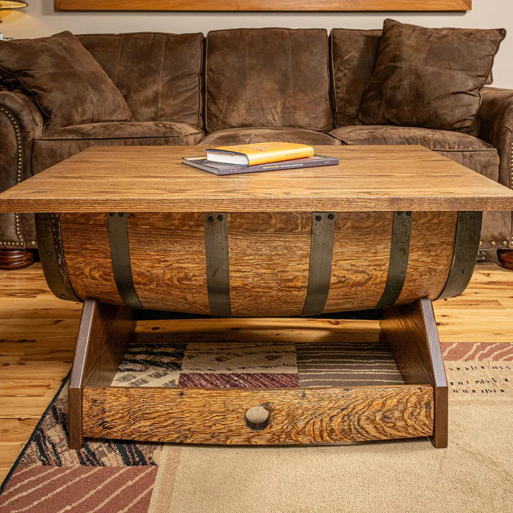 Whiskey Barrel Coffee Table with Lift Top – Rustic Rectangular Oak Table with Hidden Storage | Handcrafted Bourbon Barrels 30"x38"