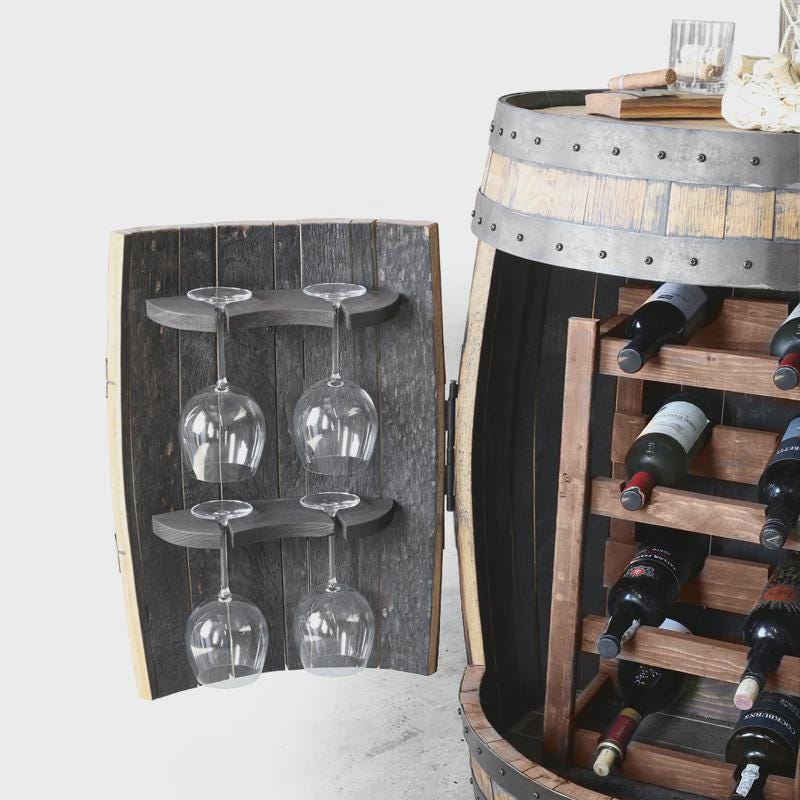 Whiskey Barrel Wine Rack | Reclaimed Barrel Bar Holds 8 Bottles & Glasses | Burnt Oak Finish | Rustic Home Bar Decor | Handcrafted Storage