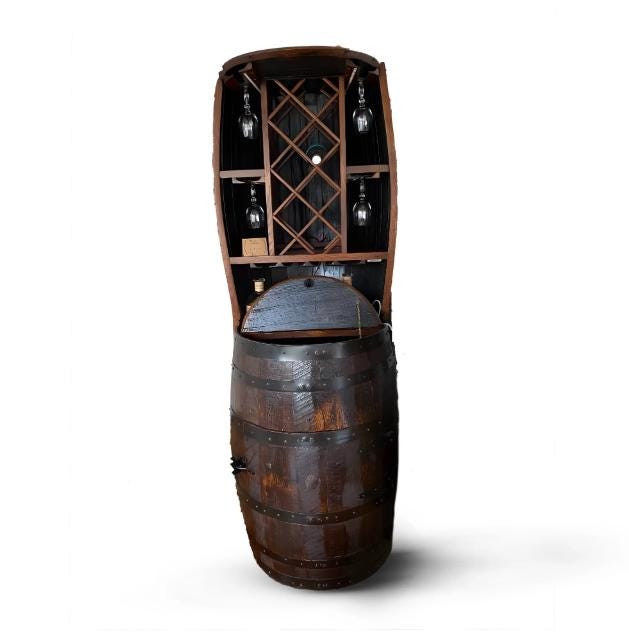 Hutch Wine Bar Cabinet Holds 7 Wine Bottles and 20 Wine Glasses, Hand Made Solid Wood Barrel Construction