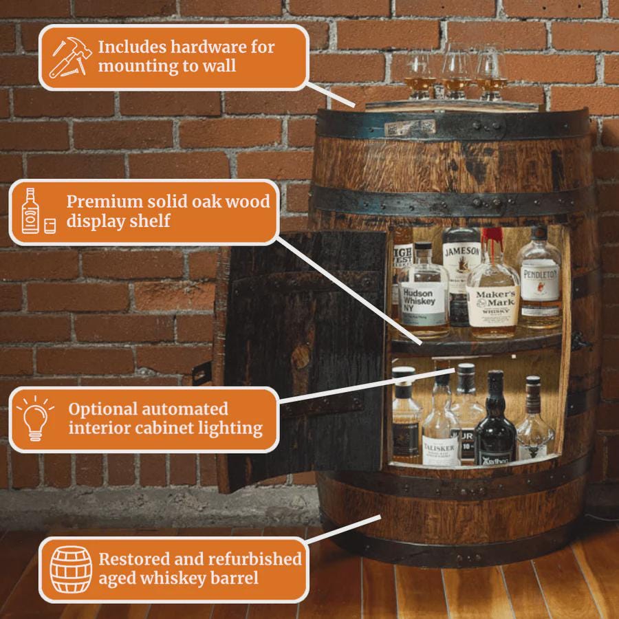 Vertical Half-Barrel Whiskey Cabinet – Rustic Home Bar Table with Locking Door, Storage & Lighting