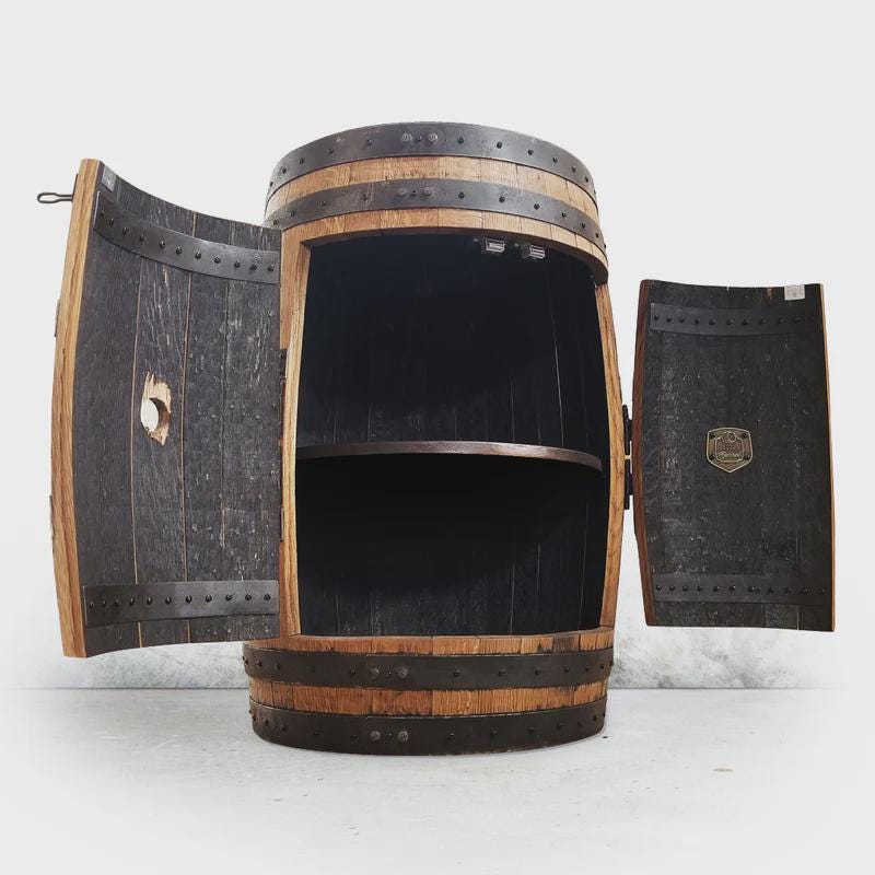 Full Whiskey Barrel Liquor Cabinet | Reclaimed Barrel Bar with Shelves & Doors | Rustic Man Cave Bar Furniture | Handcrafted Storage