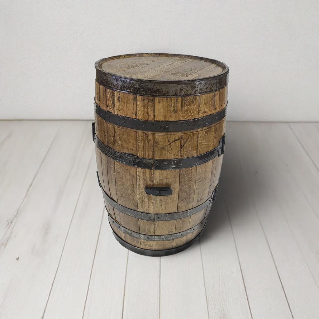 Full Whiskey Barrel Bar Cabinet with Shelves & Glass Holders – Rustic Liquor Storage, Handmade Bourbon Barrel Furniture, Lockable Doors