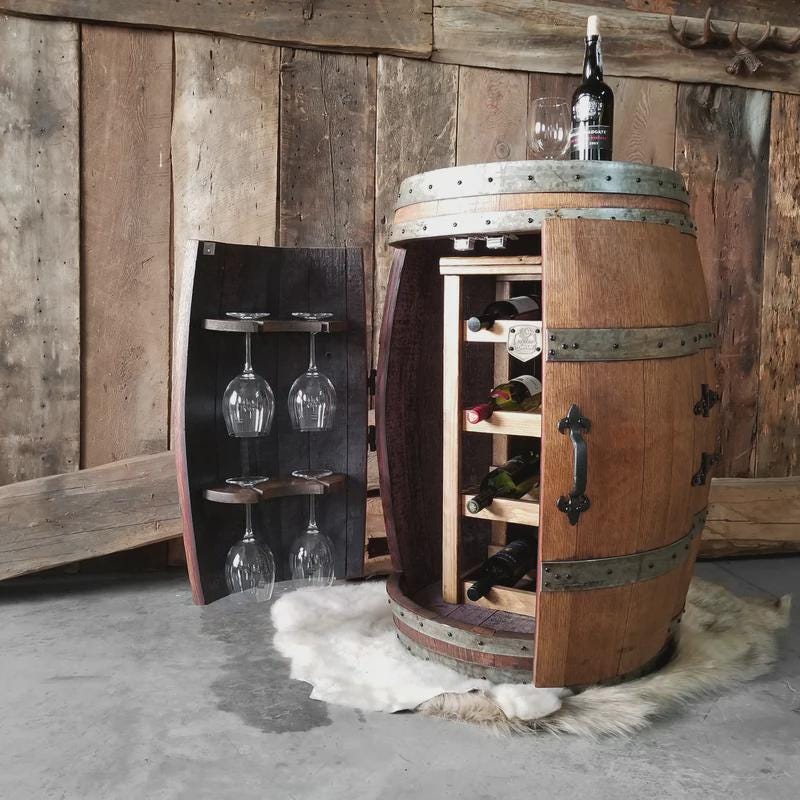 Whiskey Barrel Wine Rack | Reclaimed Barrel Bar Holds 8 Bottles & Glasses | Burnt Oak Finish | Rustic Home Bar Decor | Handcrafted Storage