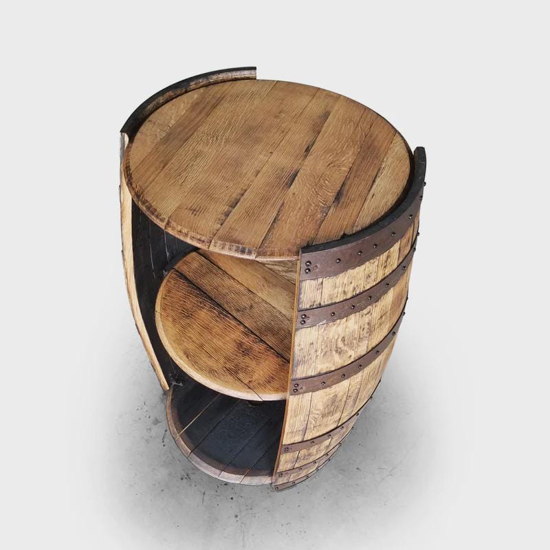 Split Whiskey Barrel Cabinet | Open-Shelf Reclaimed Barrel Bar for Kitchen or Coffee Station | Rustic Display Storage | Handcrafted
