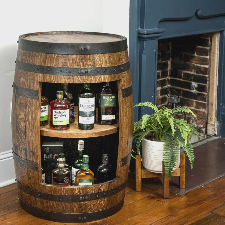 Refurbished Whiskey Barrel Open Display Cabinet | Rustic Bourbon Barrel Shelf | Home Bar Decor | Handcrafted Oak Furniture