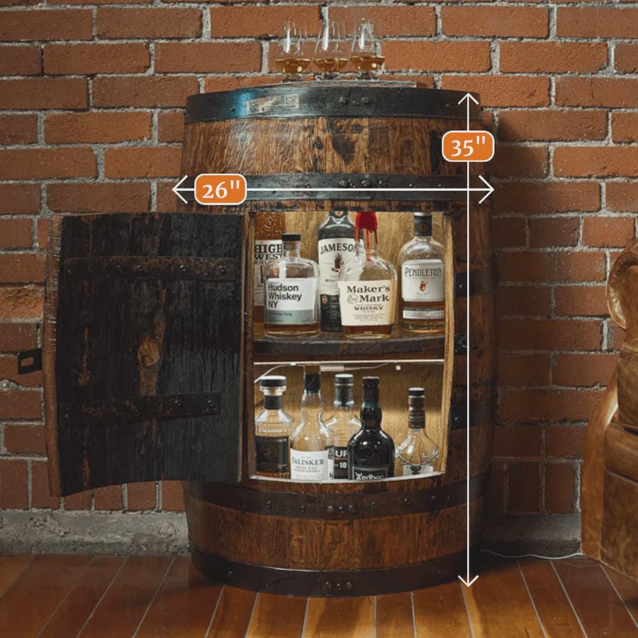 Vertical Half-Barrel Whiskey Cabinet – Rustic Home Bar Table with Locking Door, Storage & Lighting