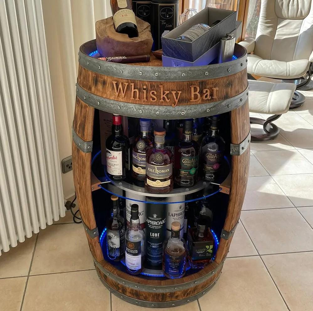 Whiskey Barrel Bar โ LED or RGB Lights, Glass Shelves, Personalized Gift, Rum Wine Barrel Cabinet, Rustic Handmade Bar