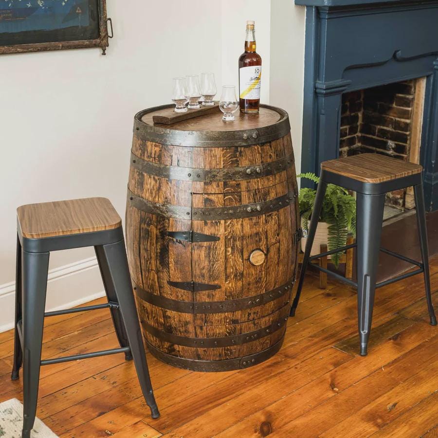 Whiskey Barrel Cabinet with Lazy Susan Shelf & Lights – Refinished Bourbon Barrel Furniture – Rustic Home Bar Decor – Personalized Gift