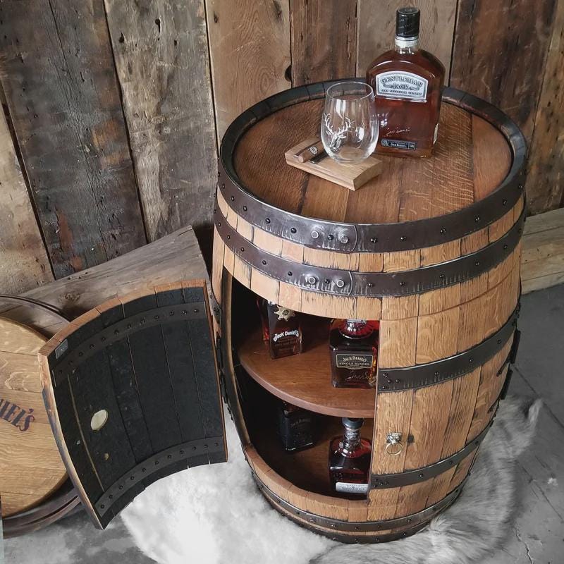 Full Whiskey Barrel Liquor Cabinet | Reclaimed Barrel Bar with Shelves & Doors | Rustic Man Cave Bar Furniture | Handcrafted Storage