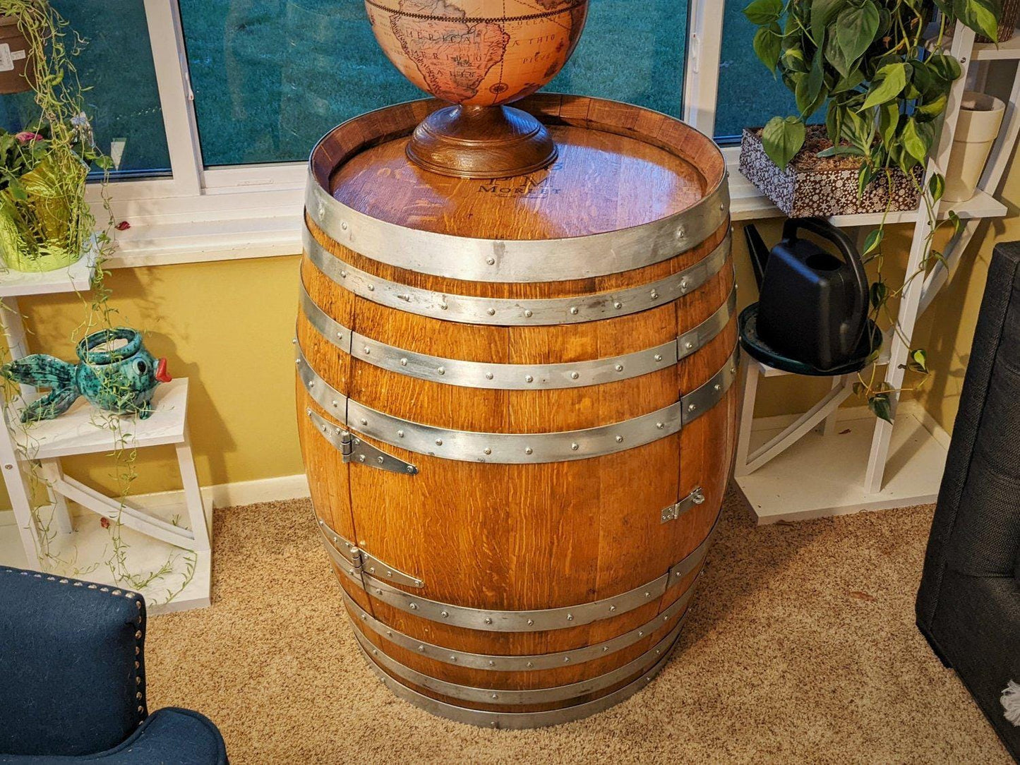 Handcrafted Wine Barrel Liquor Cabinet – Lazy Susan Shelf, Lockable Door, LED Lights – Rustic Home Bar Storage, Indoor Use Only