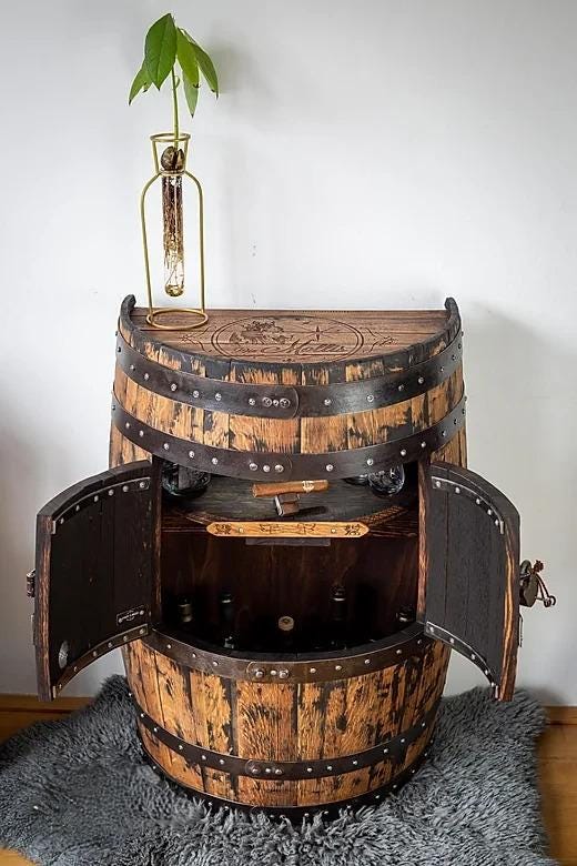 Half Barrel Wall Bar | Custom Whisky or Wine Cask Bar with Laser Engraving | Compact Rustic Bar Display | Personalized Reclaimed Barrel Art