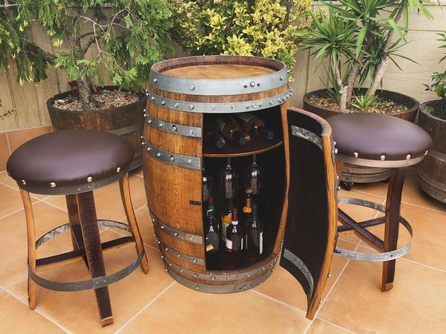 Handmade Bourbon Wine Barrel Cabinet – Whiskey Bar with Door Storage & Stemware Rack – Rustic Oak Liquor Cabinet – Wine Barrel Bar Furniture