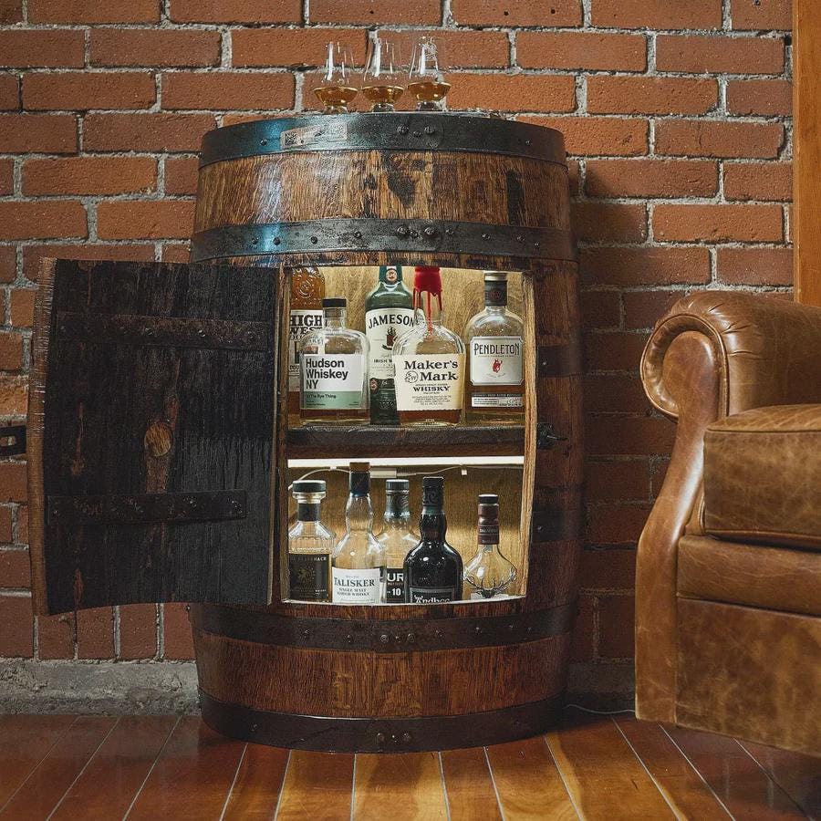 Vertical Half-Barrel Whiskey Cabinet – Rustic Home Bar Table with Locking Door, Storage & Lighting