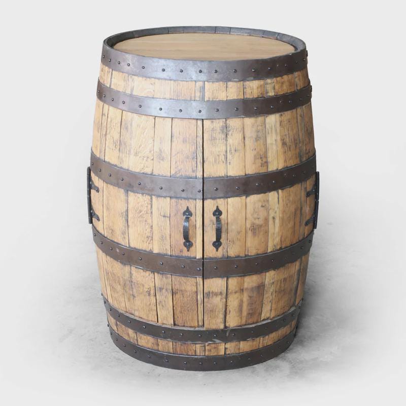 Whiskey Barrel Wine Rack | Reclaimed Barrel Bar Holds 8 Bottles & Glasses | Burnt Oak Finish | Rustic Home Bar Decor | Handcrafted Storage