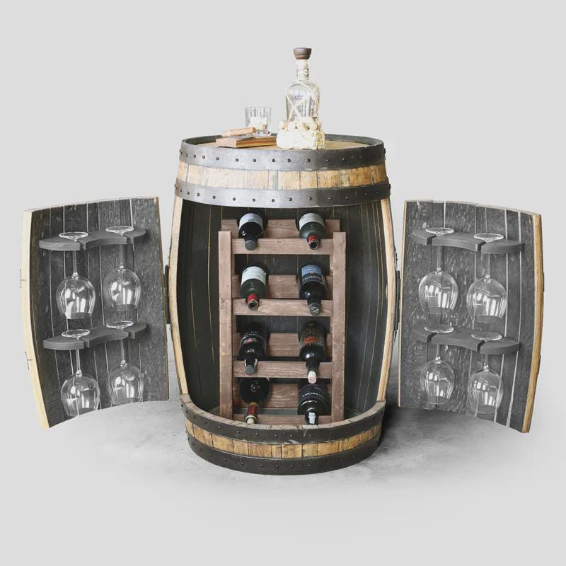 Whiskey Barrel Wine Rack | Reclaimed Barrel Bar Holds 8 Bottles & Glasses | Burnt Oak Finish | Rustic Home Bar Decor | Handcrafted Storage