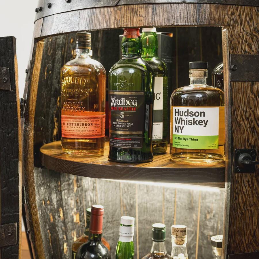 Whiskey Barrel Cabinet with Lazy Susan Shelf & Lights – Refinished Bourbon Barrel Furniture – Rustic Home Bar Decor – Personalized Gift