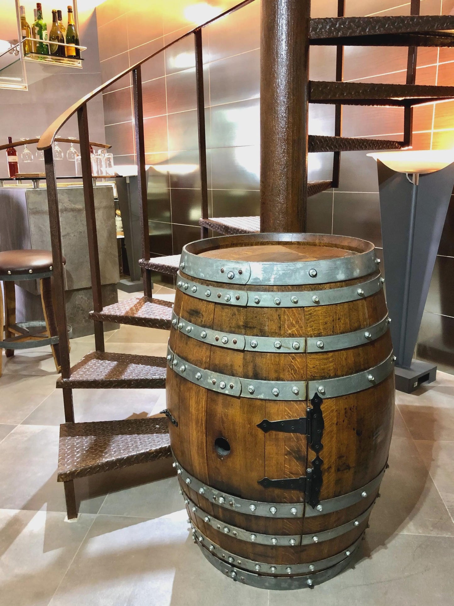 Handmade Bourbon Wine Barrel Cabinet – Whiskey Bar with Door Storage & Stemware Rack – Rustic Oak Liquor Cabinet – Wine Barrel Bar Furniture
