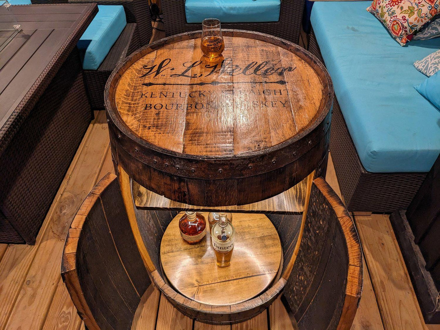 Bourbon Whiskey Barrel Liquor Cabinet – LED Lights, Lazy Susan Shelf, Rustic Home Bar Storage, Custom Handmade Barrel Furniture