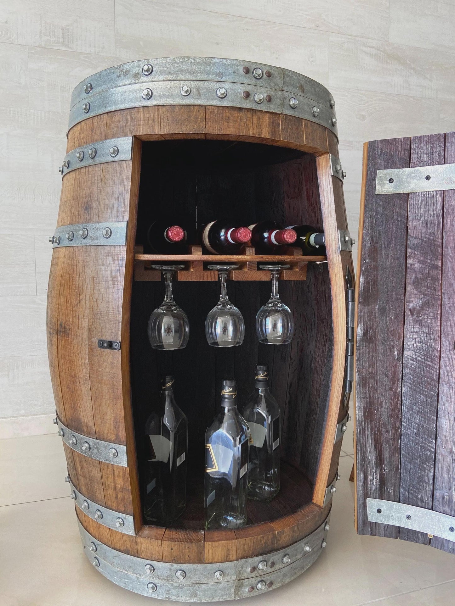 Handmade Bourbon Wine Barrel Cabinet – Whiskey Bar with Door Storage & Stemware Rack – Rustic Oak Liquor Cabinet – Wine Barrel Bar Furniture
