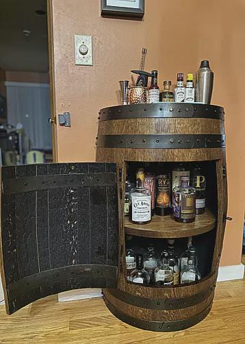 Vertical Half-Barrel Whiskey Cabinet – Rustic Home Bar Table with Locking Door, Storage & Lighting