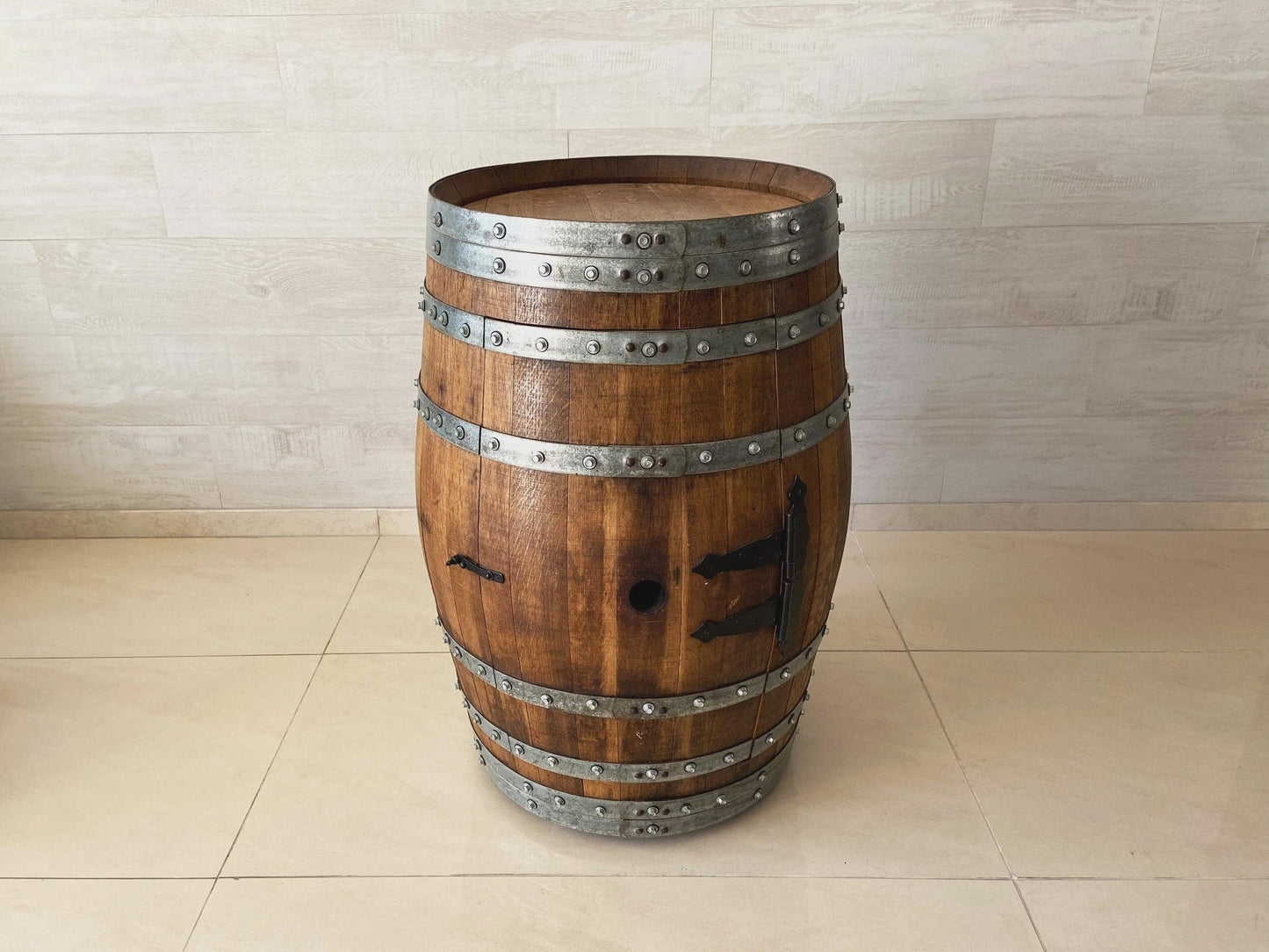 Handmade Bourbon Wine Barrel Cabinet – Whiskey Bar with Door Storage & Stemware Rack – Rustic Oak Liquor Cabinet – Wine Barrel Bar Furniture