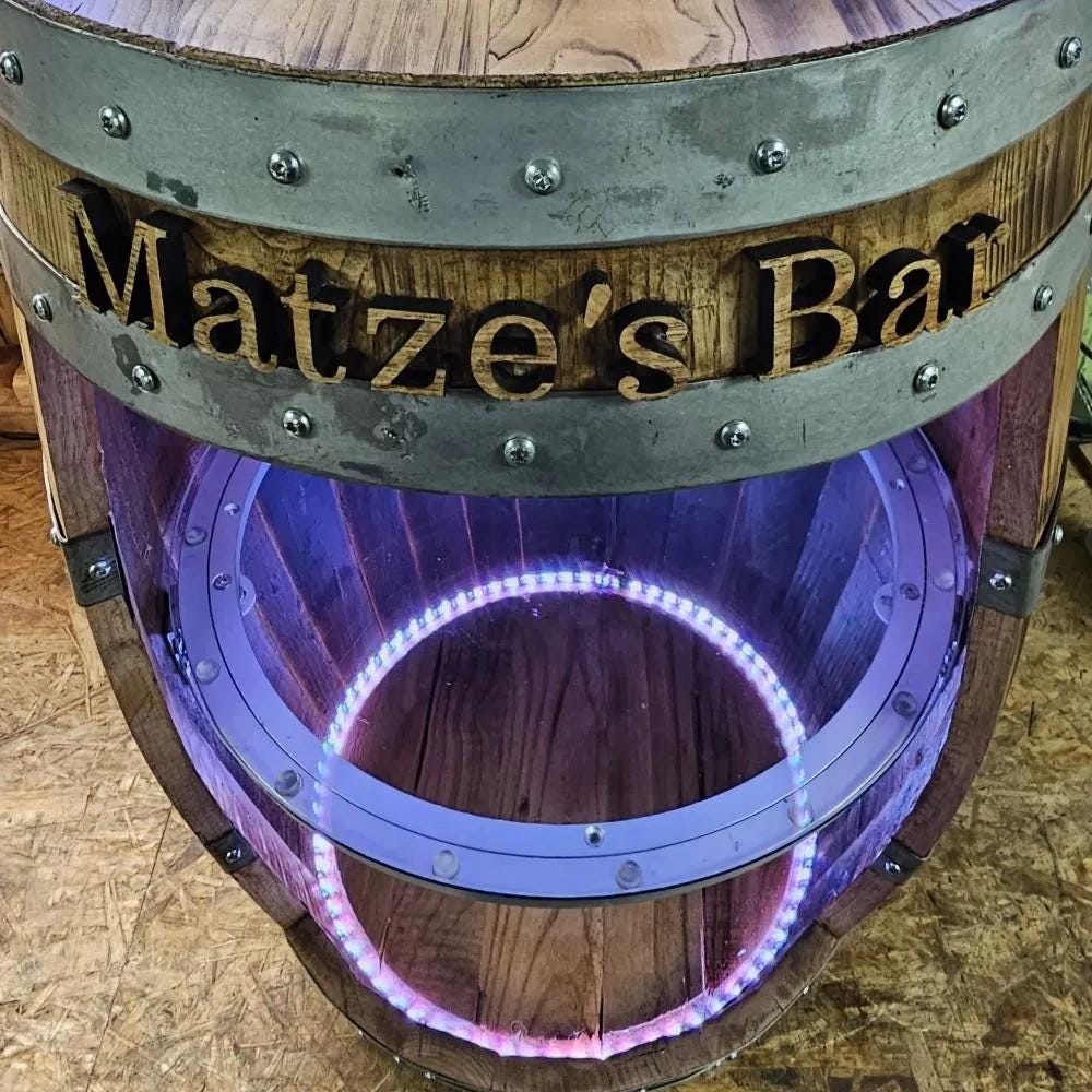 Whiskey Barrel Bar โ LED or RGB Lights, Glass Shelves, Personalized Gift, Rum Wine Barrel Cabinet, Rustic Handmade Bar