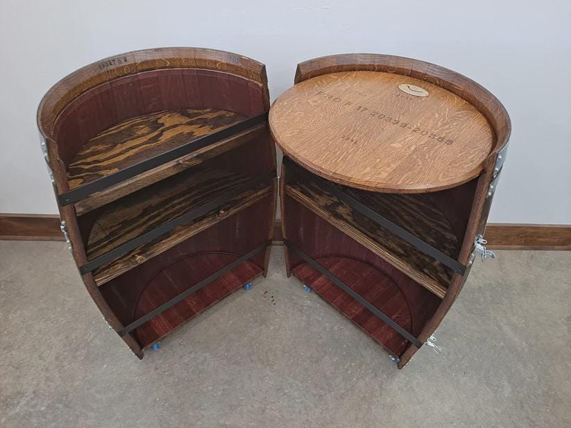 Full Wine Barrel Bar with Vertical Opening |Custom Storage Bar Made from Reclaimed Wine Barrels | 5 Compartments | Rustic Home Bar Furniture