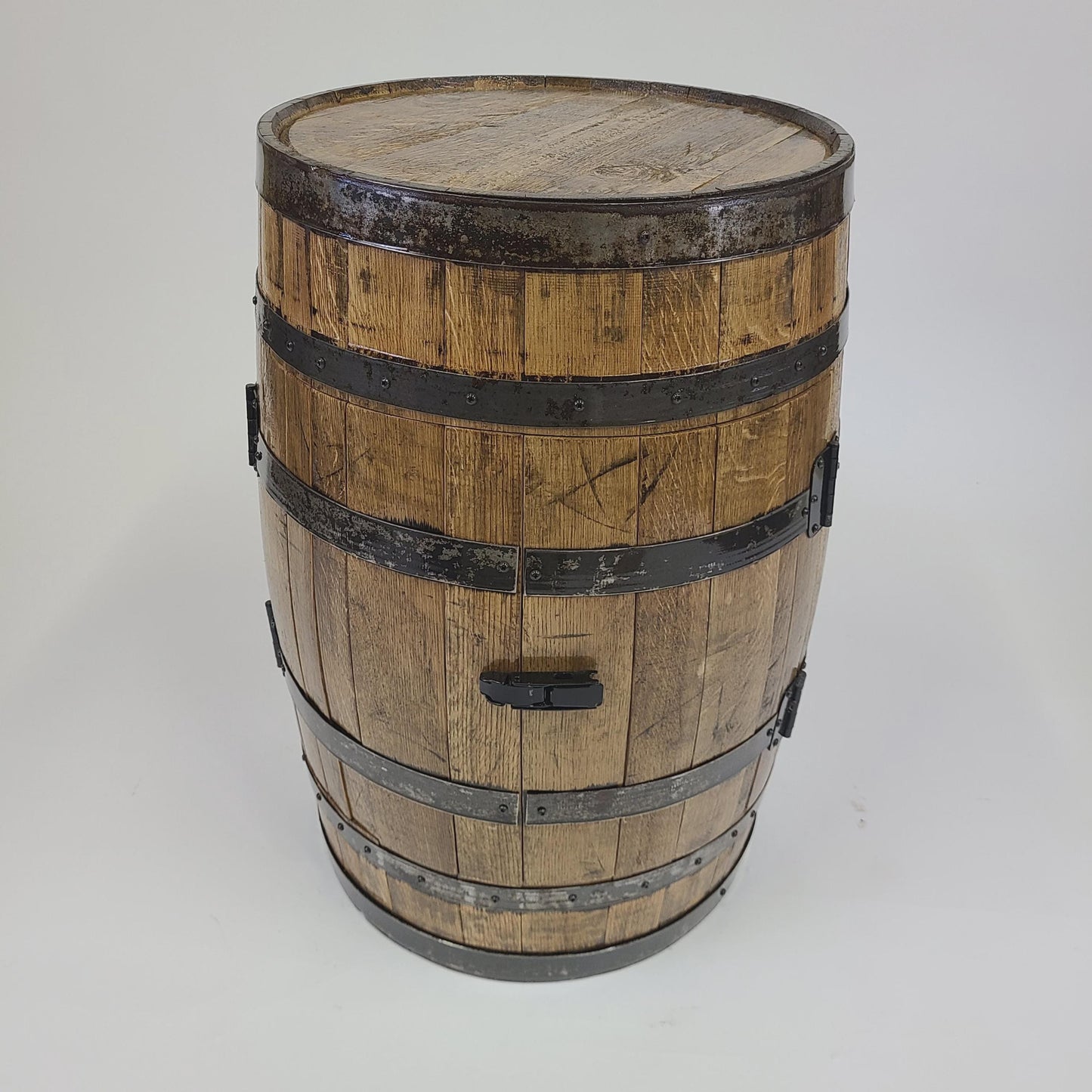 Full Whiskey Barrel Bar Cabinet with Shelves & Glass Holders – Rustic Liquor Storage, Handmade Bourbon Barrel Furniture, Lockable Doors