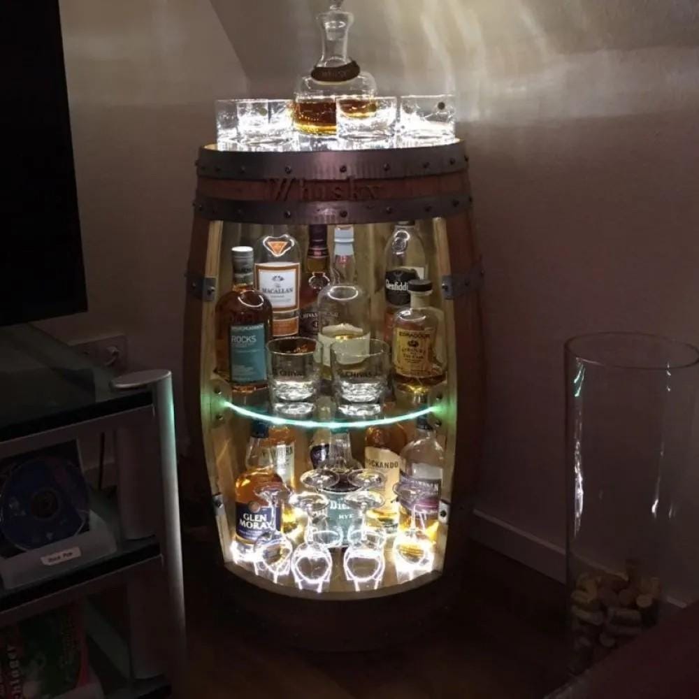 Whiskey Barrel Bar โ LED or RGB Lights, Glass Shelves, Personalized Gift, Rum Wine Barrel Cabinet, Rustic Handmade Bar