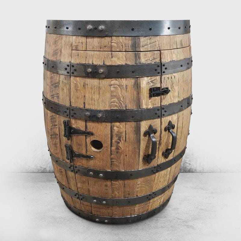 Full Whiskey Barrel Liquor Cabinet | Reclaimed Barrel Bar with Shelves & Doors | Rustic Man Cave Bar Furniture | Handcrafted Storage