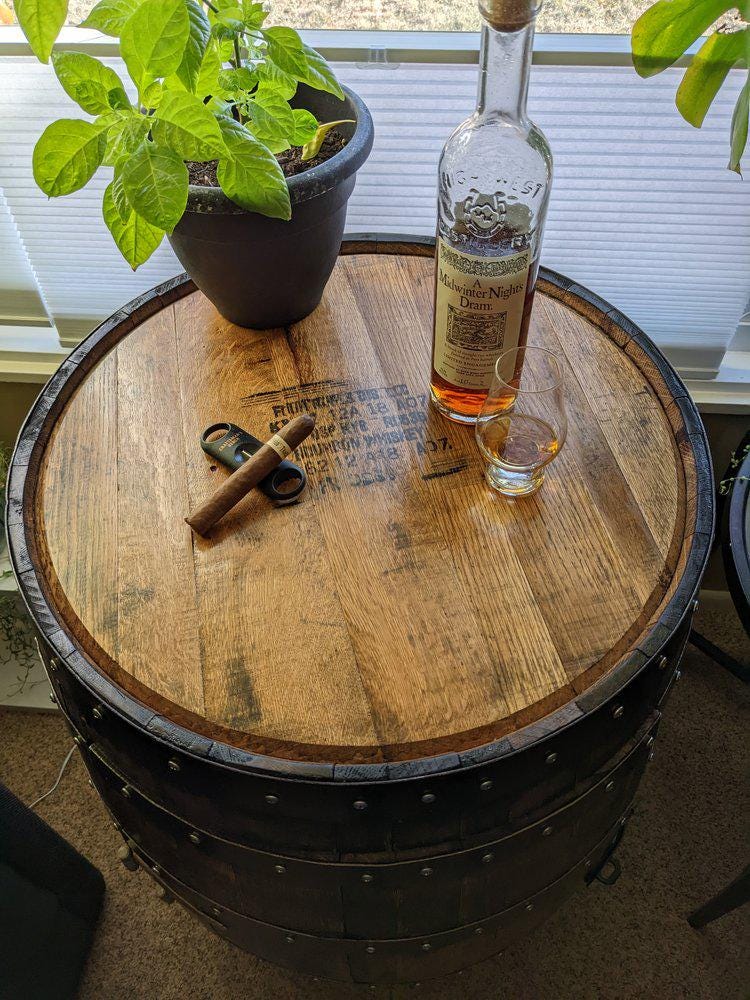 Bourbon Whiskey Barrel Liquor Cabinet – LED Lights, Lazy Susan Shelf, Rustic Home Bar Storage, Custom Handmade Barrel Furniture
