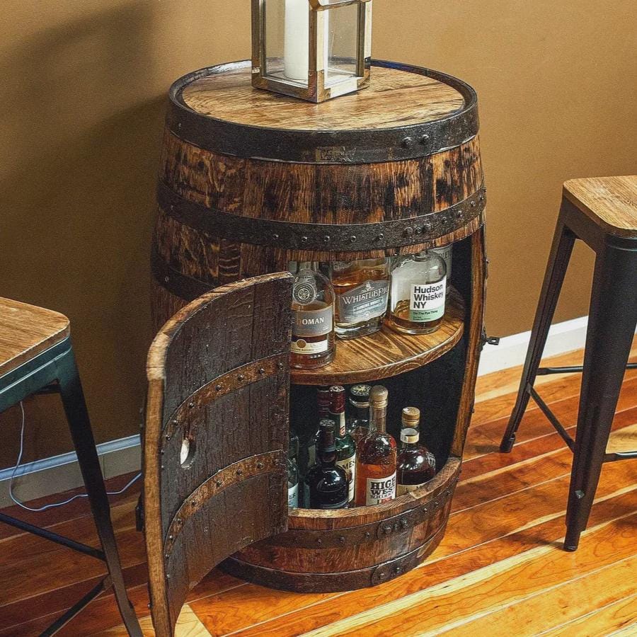 Whiskey Barrel Cabinet with Lazy Susan Shelf & Lights – Refinished Bourbon Barrel Furniture – Rustic Home Bar Decor – Personalized Gift