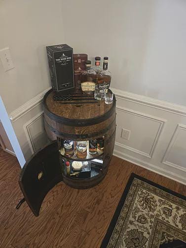 Refurbished Whiskey Barrel Open Display Cabinet | Rustic Bourbon Barrel Shelf | Home Bar Decor | Handcrafted Oak Furniture