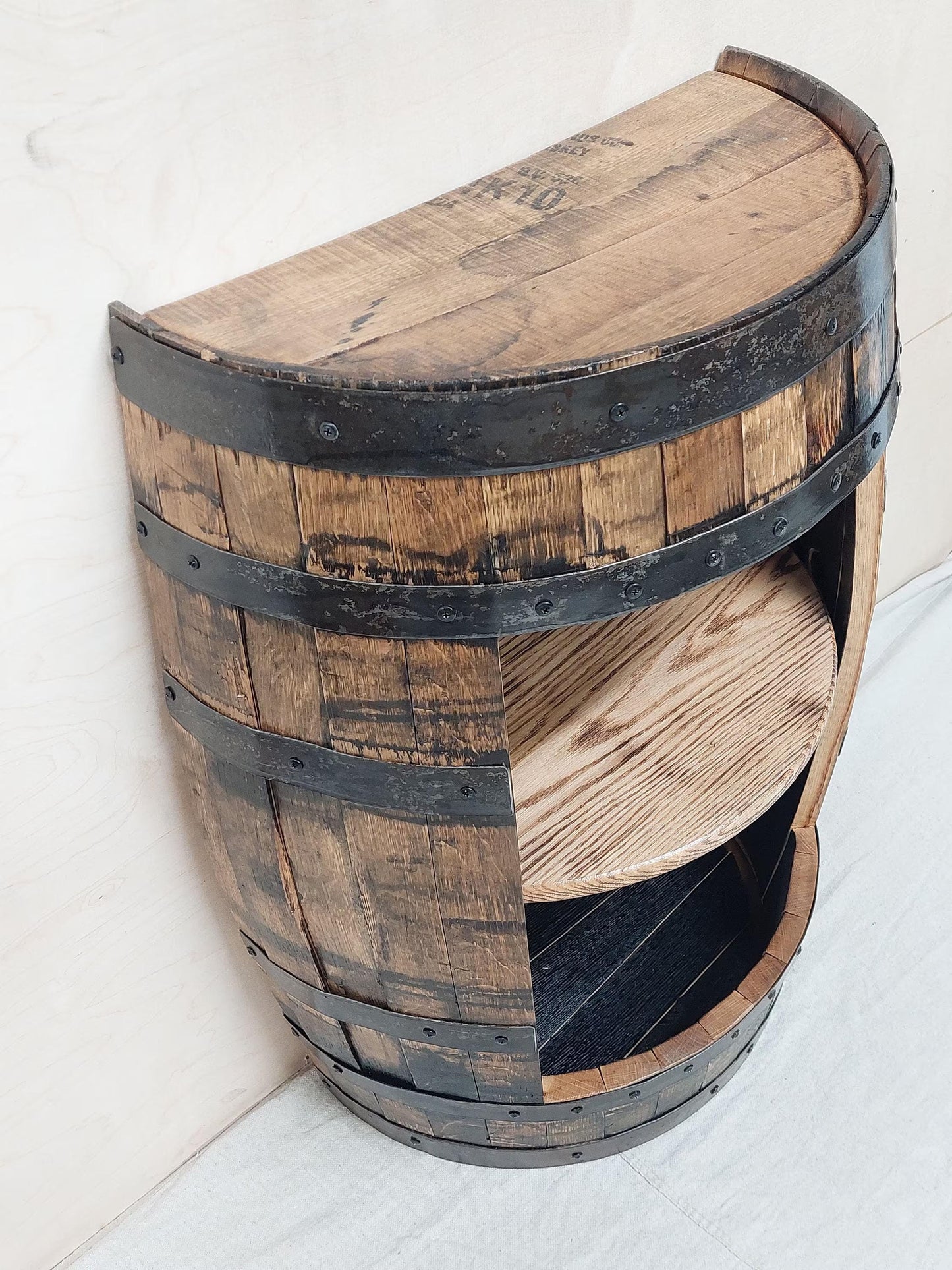 Half Barrel Bourbon Cabinet | Handcrafted Whiskey Barrel Furniture | Rustic Liquor Cabinet with Shelf & Optional LED Lights
