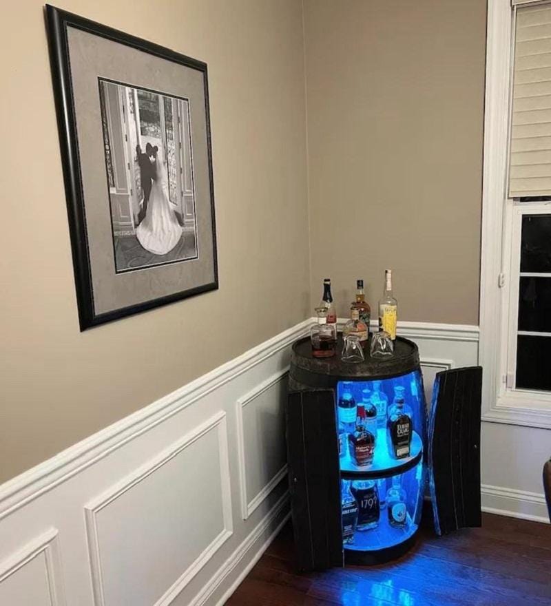 Rustic Barrel Mini Bar Cabinet with LED Lighting – Vintage Whiskey Storage Cabinet
