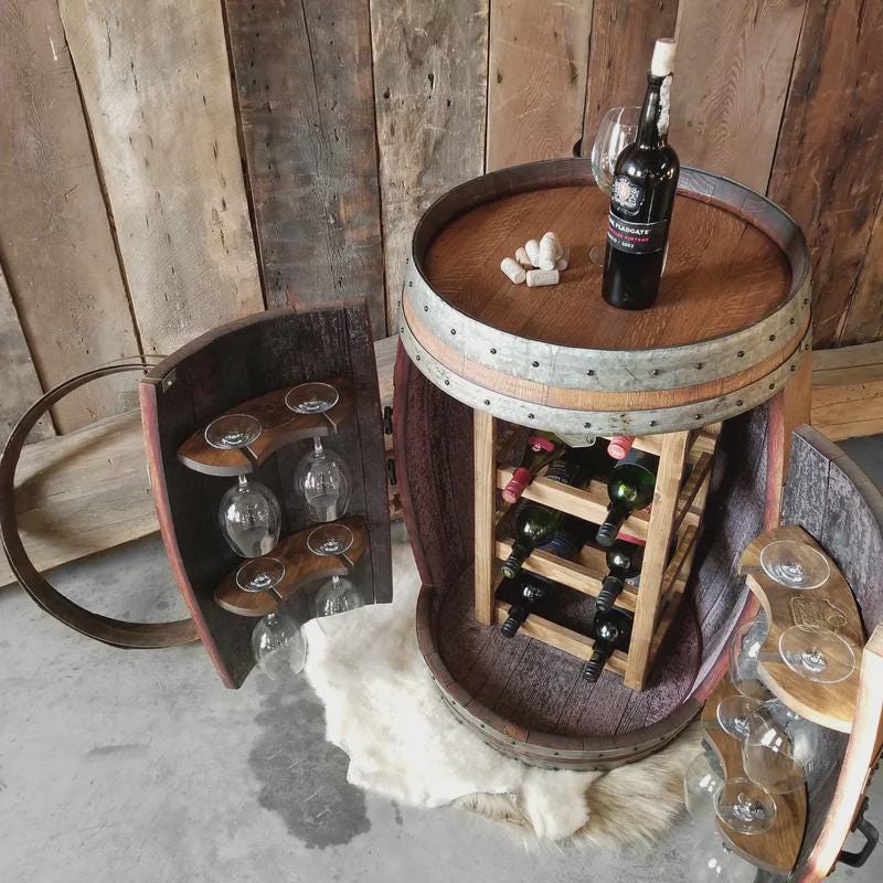 Whiskey Barrel Wine Rack | Reclaimed Barrel Bar Holds 8 Bottles & Glasses | Burnt Oak Finish | Rustic Home Bar Decor | Handcrafted Storage