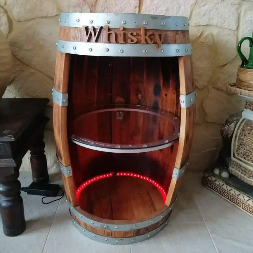 Whiskey Barrel Bar โ LED or RGB Lights, Glass Shelves, Personalized Gift, Rum Wine Barrel Cabinet, Rustic Handmade Bar