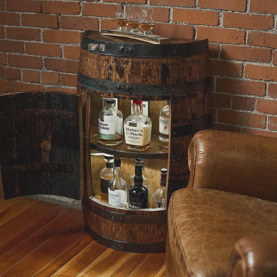 Vertical Half-Barrel Whiskey Cabinet – Rustic Home Bar Table with Locking Door, Storage & Lighting
