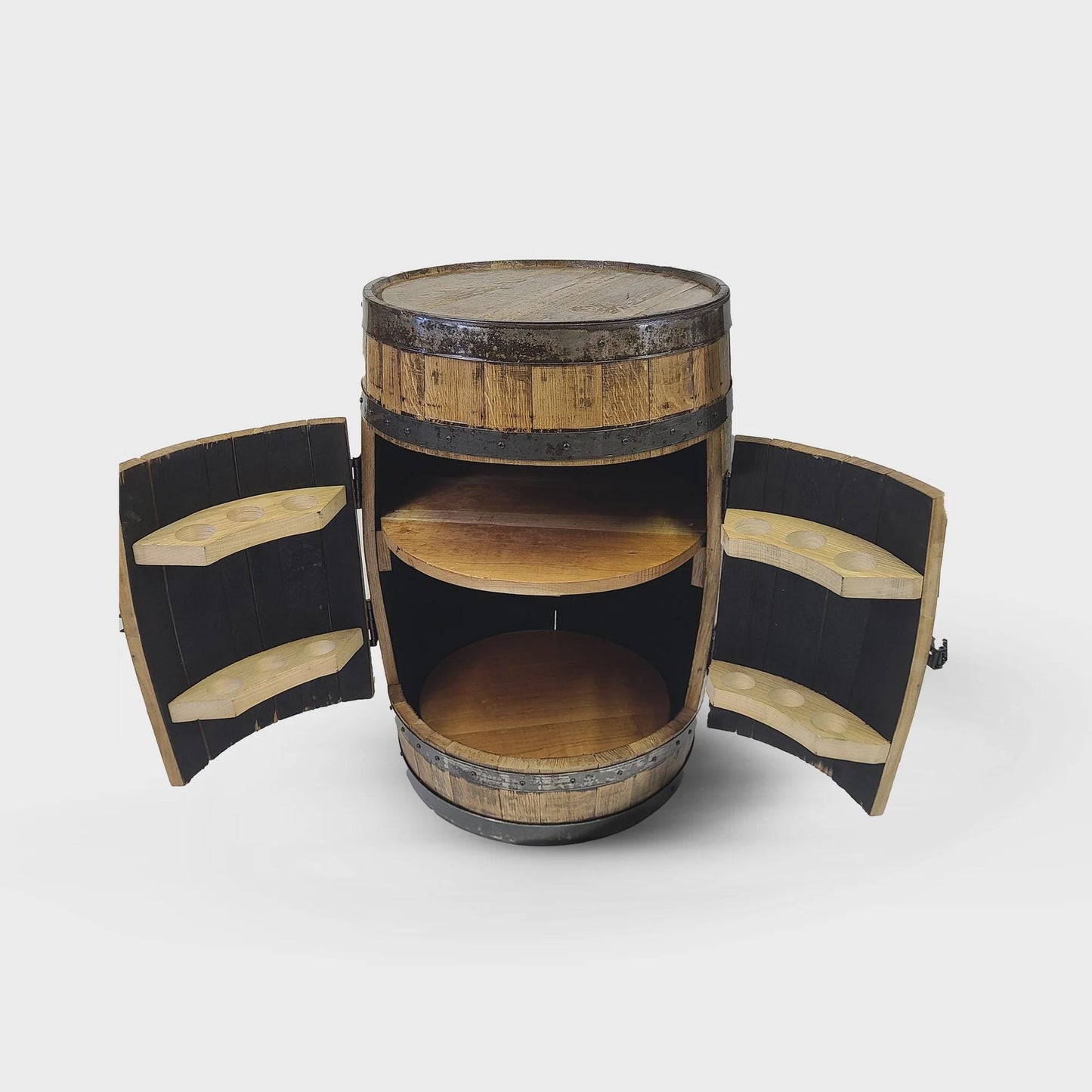 Full Whiskey Barrel Bar Cabinet with Shelves & Glass Holders – Rustic Liquor Storage, Handmade Bourbon Barrel Furniture, Lockable Doors