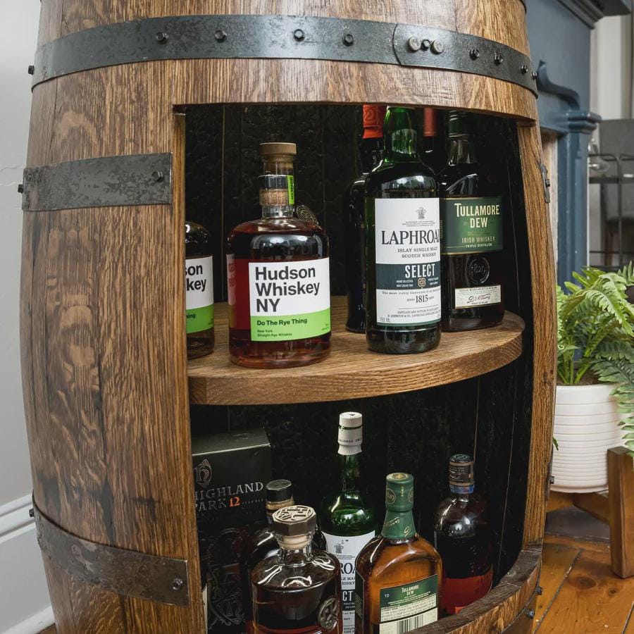 Refurbished Whiskey Barrel Open Display Cabinet | Rustic Bourbon Barrel Shelf | Home Bar Decor | Handcrafted Oak Furniture