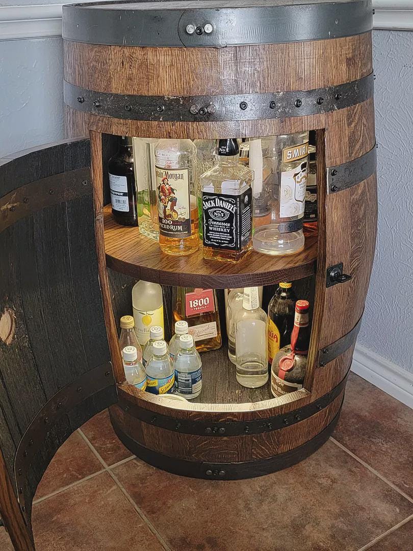 Refurbished Whiskey Barrel Open Display Cabinet | Rustic Bourbon Barrel Shelf | Home Bar Decor | Handcrafted Oak Furniture