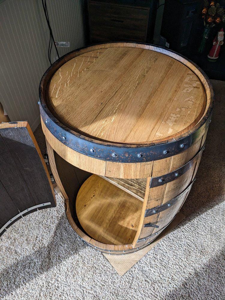 Bourbon Whiskey Barrel Liquor Cabinet – LED Lights, Lazy Susan Shelf, Rustic Home Bar Storage, Custom Handmade Barrel Furniture
