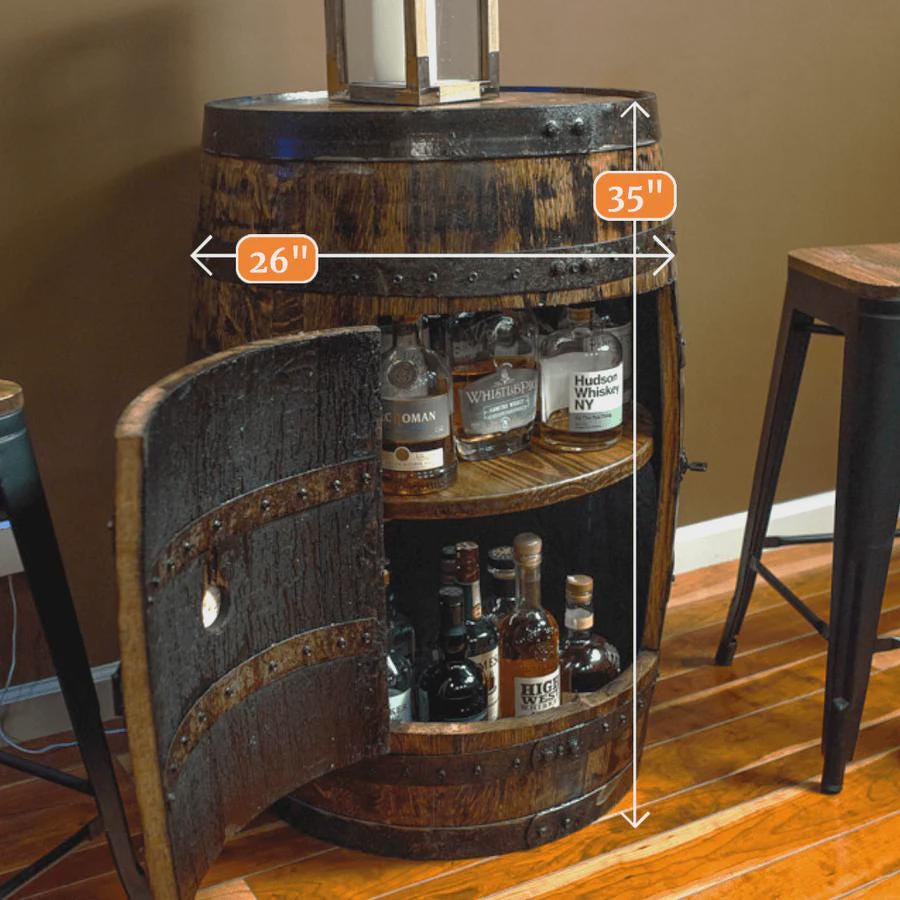 Whiskey Barrel Cabinet with Lazy Susan Shelf & Lights – Refinished Bourbon Barrel Furniture – Rustic Home Bar Decor – Personalized Gift