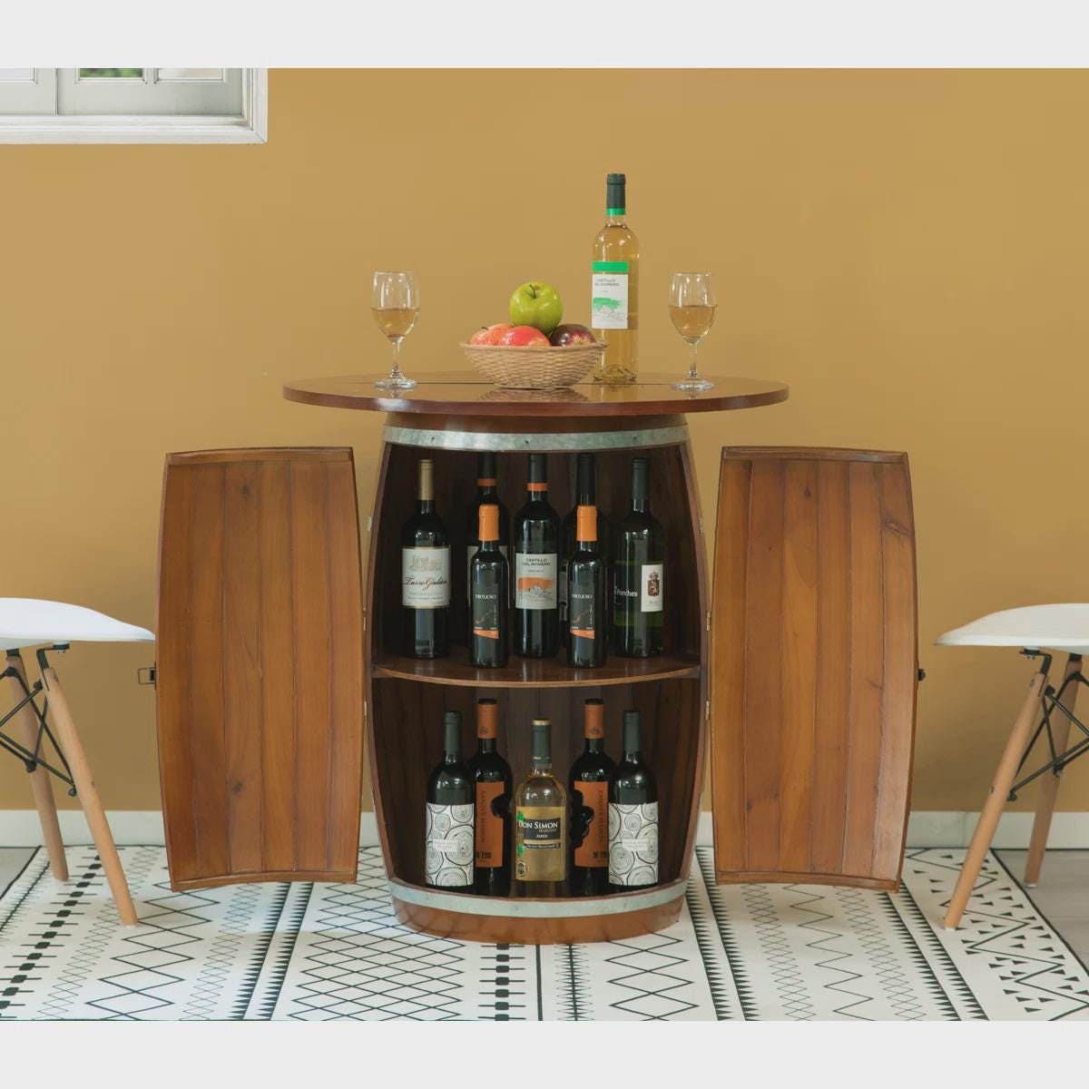 Rustic 12-Bottle Solid Wood Wine Rack | Alcron Floor Standing Wine Storage Cabinet with Tabletop & Latch | Industrial Brown Wine Bar Decor