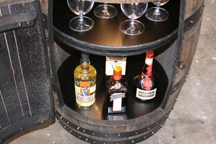 Rustic Whiskey Barrel Cabinet | Beer Barrel Bar with Lazy Susan Shelves, Motion LED Lights & Wheels | Reclaimed Barrel Storage- Hinged Door