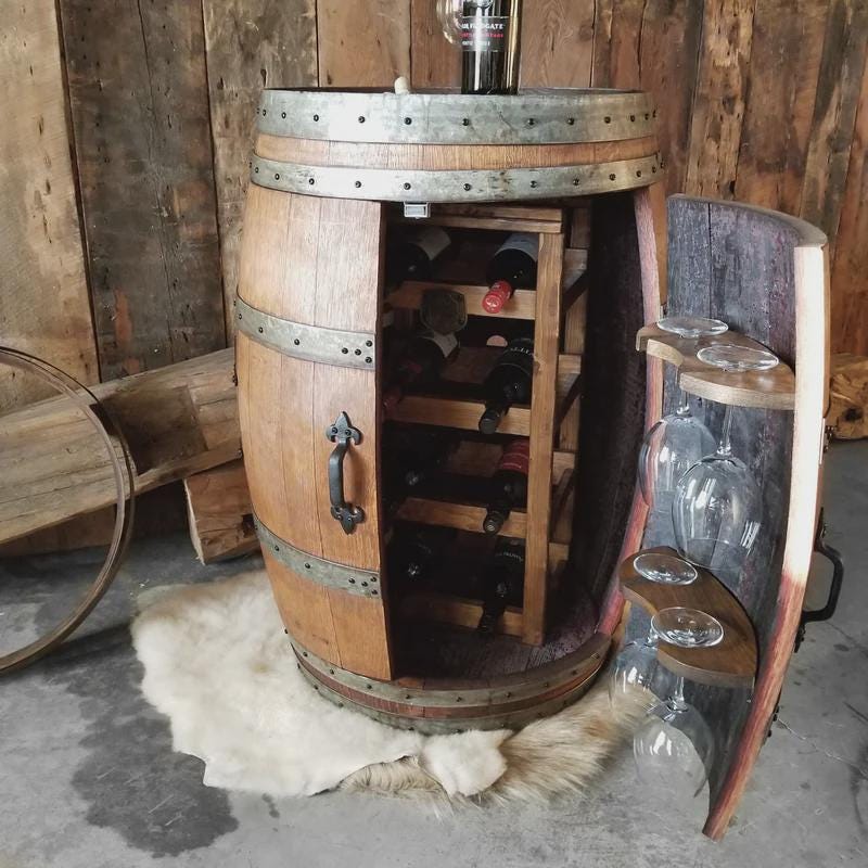 Whiskey Barrel Wine Rack | Reclaimed Barrel Bar Holds 8 Bottles & Glasses | Burnt Oak Finish | Rustic Home Bar Decor | Handcrafted Storage