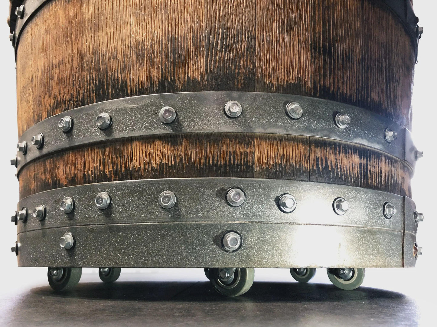 Wine Barrel Bar Cabinet with Top Shelf | Hidden Storage & Bottle Rack | Whiskey Barrel Liquor Cabinet on Wheels