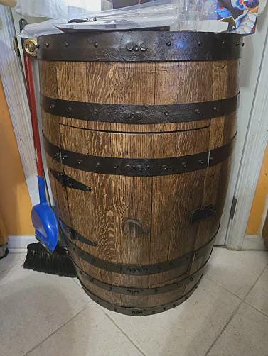 Vertical Half-Barrel Whiskey Cabinet – Rustic Home Bar Table with Locking Door, Storage & Lighting